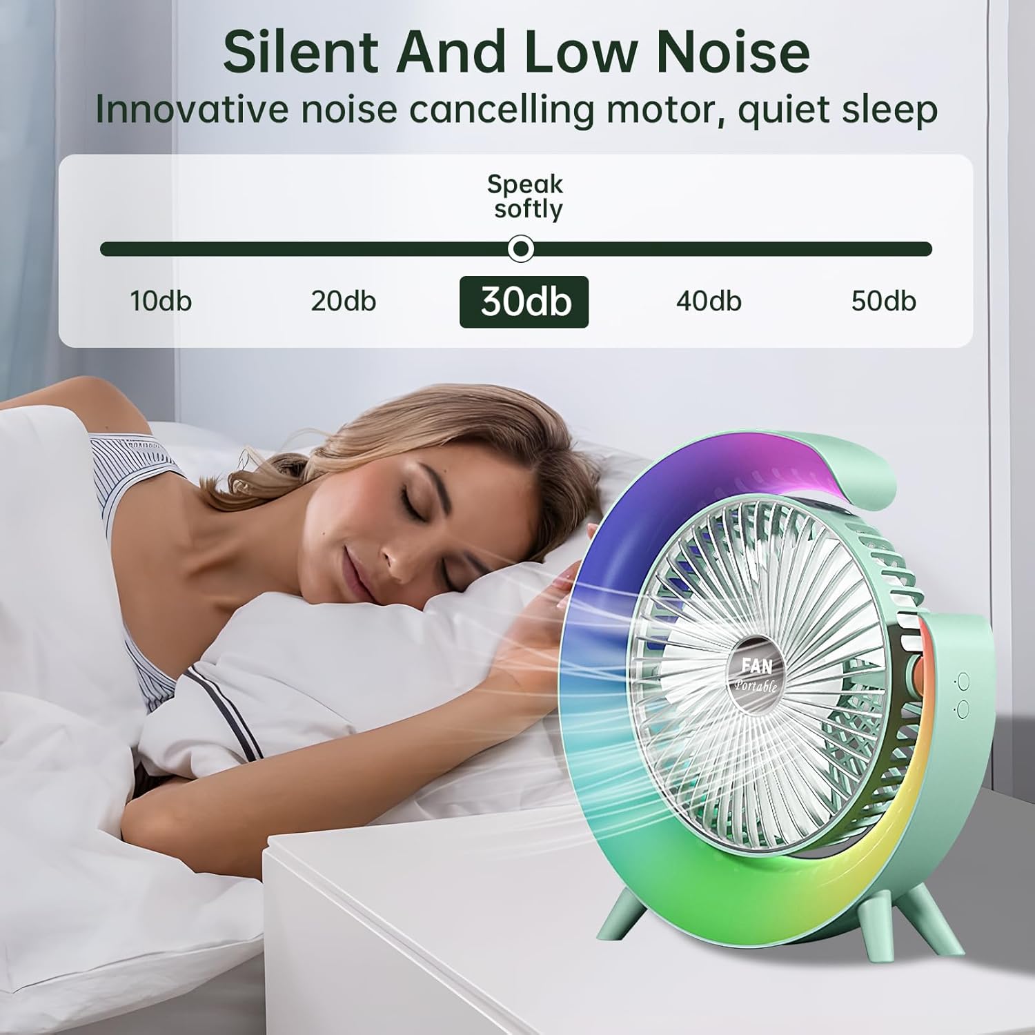 Colorful USB Rechargeable Desktop Fan | Silent Cooling, LED Ambient Light, 3-Speed Rotation