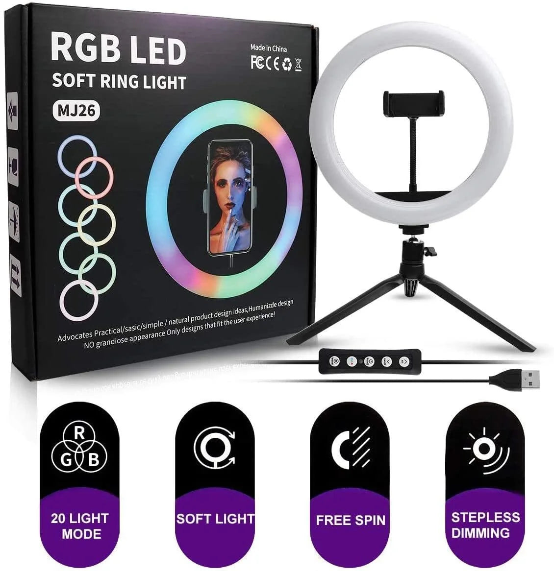 MJ26 RGB LED Ring Light 26cm with Tripod, Phone Holder & 360° Color Modes